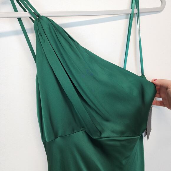 Mac Duggal Satin Maxi Dress Formal Prom Gown Size 8 Emerald Green One Shoulder - Picture 6 of 16